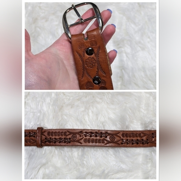 Vintage Hand Tooled Embossed Leather Cognac‎ Brown Braided Belt Size 38 - Picture 1 of 8